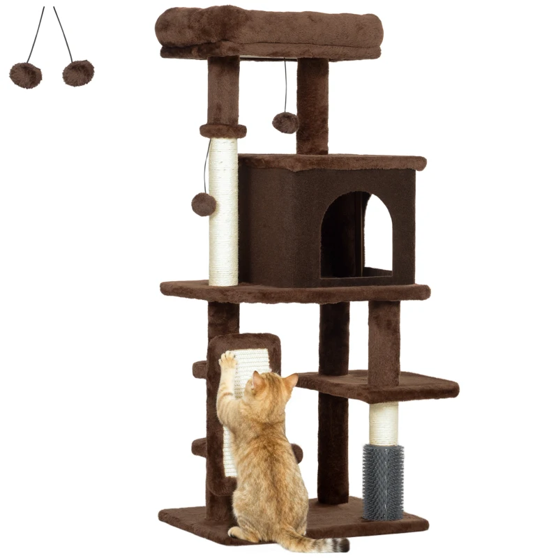 PawHut Árbol Rascador para Gatos 104 cm con Plataformas Poste con Cepillo Bolas Colgantes y Almohadilla para Rascar Marrón