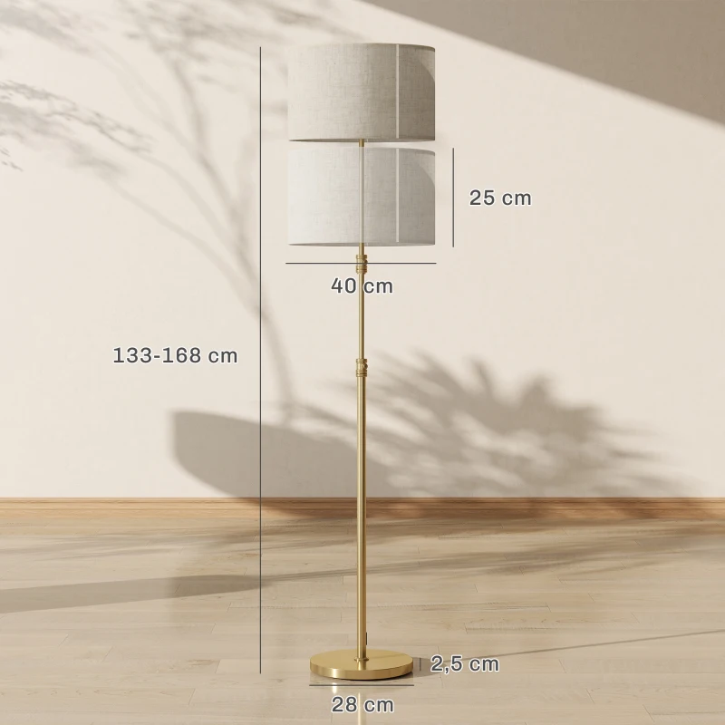 HOMCOM Candeeiro de Pé para Sala Candeeiro Dimmável com Comando à Distância Cúpula em Linho Altura Ajustável 133-168cm Dourado
