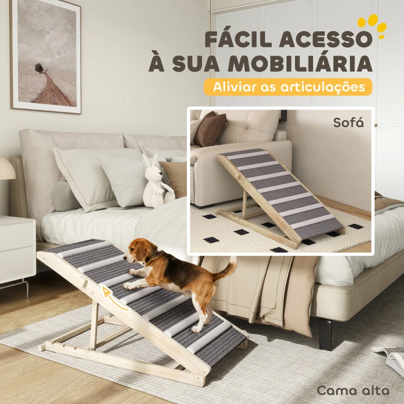 PawHut Rampa Dobrável para Cães com Altura Ajustável 35-50 cm e Tapete Antiderrapante 100x50x50 cm Madeira e Cinza