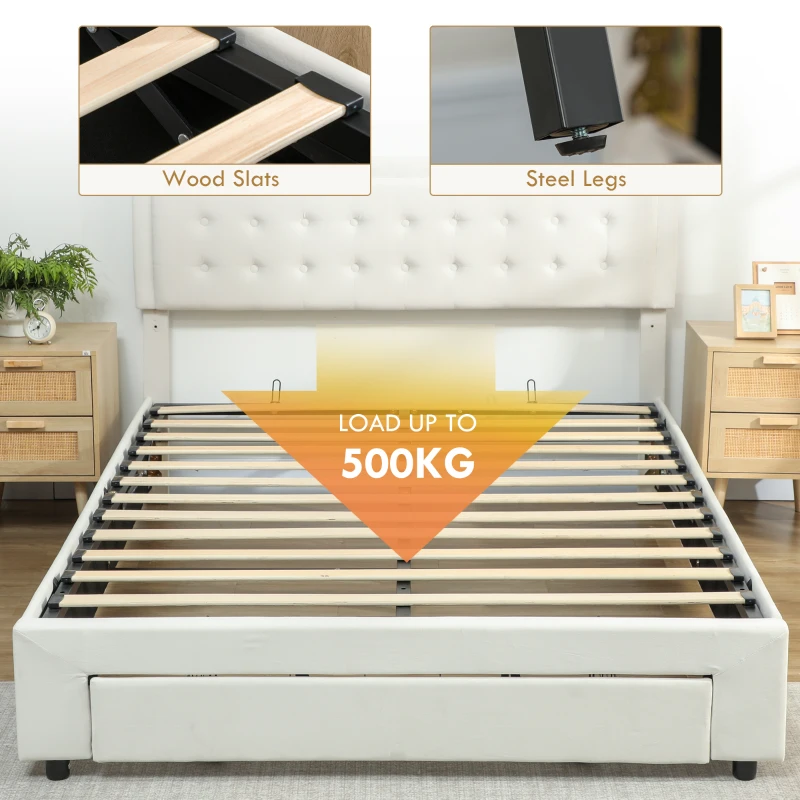 HOMCOM King Size Ottoman Bed Frame, with Front Drawer - Cream