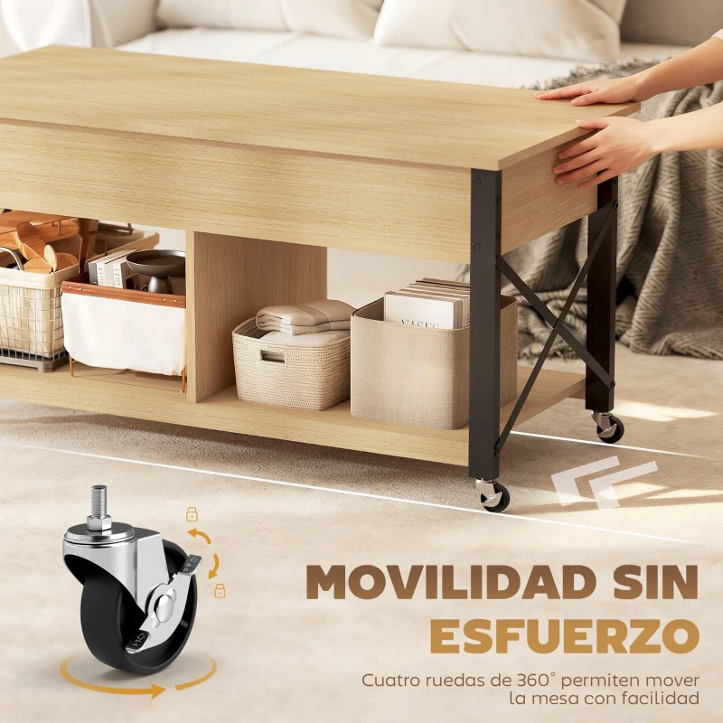 HOMCOM Mesa de Centro Elevable con Ruedas Mesa de Salón con Compartimento Oculto Estantes Abiertos Madera Natural y Blanco