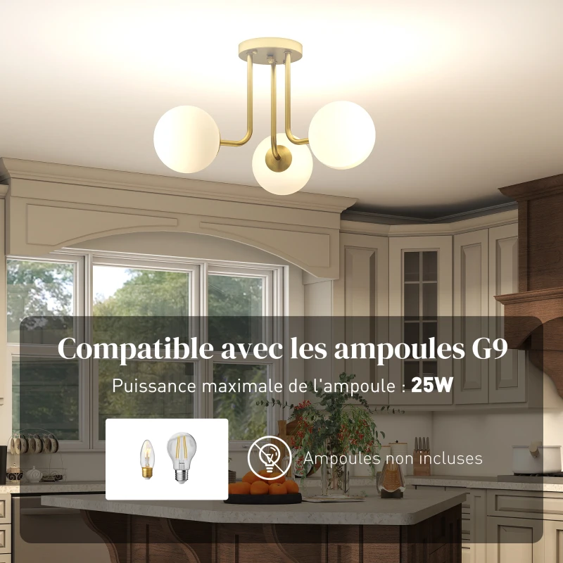 HOMCOM Plafonnier LED 25W, luminaire plafonnier 3 lumières avec douilles G9, abat-jour globe, 42 x 42 x 26,5 cm, doré