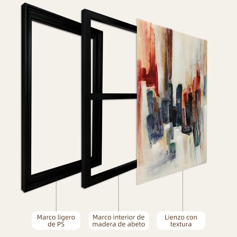 HOMCOM Cuadros en Lienzo Abstractos a Mano 40x40 cm 2 Piezas Cuadros de Arte de Pared Enmarcados Textura Rica Multicolor