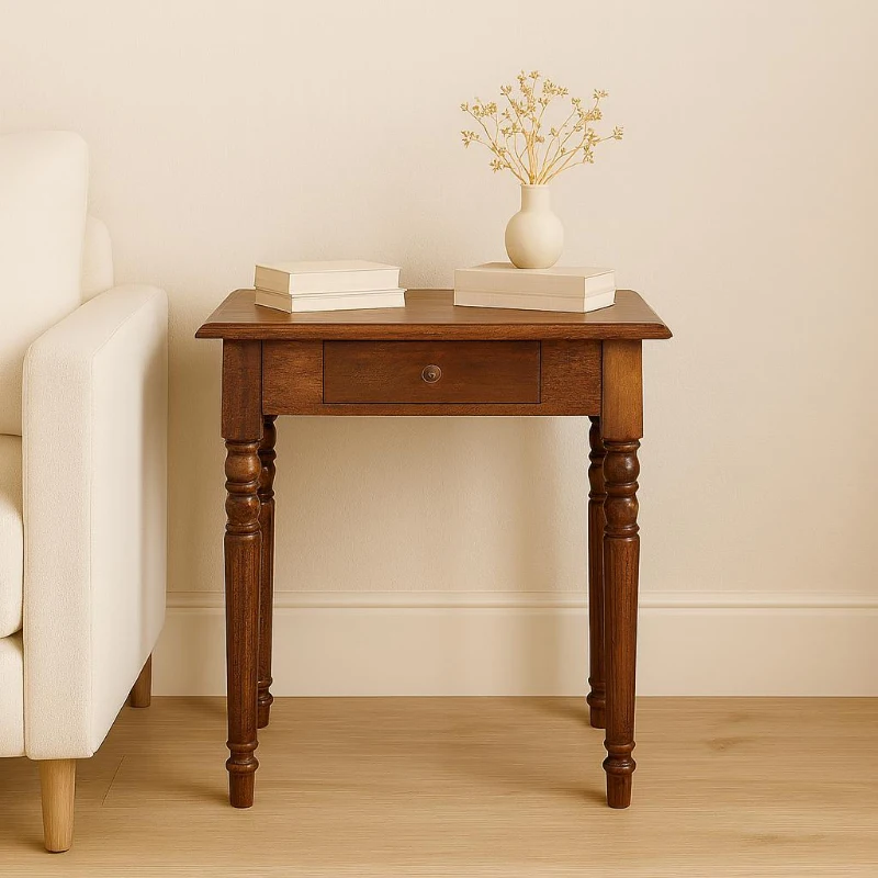 Solid Mango Wood Writing Desk with Hand-finished Grain and Drawer, Bedside Cabinet for Neat Storage, 35L x 60W x 78H cm, Dark Brown