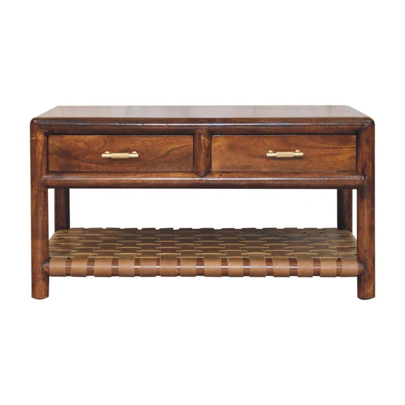 Solid Mango Wood Regency Woven Console Table with 4 Drawers, Desk for Display and Easy Organisation, 55L x 85W x 45H cm, Brown