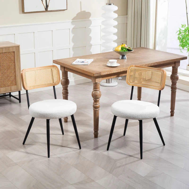 HOMCOM Conjunto de 2 Cadeiras de Sala de Jantar Boho com Encosto em Rattan para Sala Sala de Jantar Quarto Branco