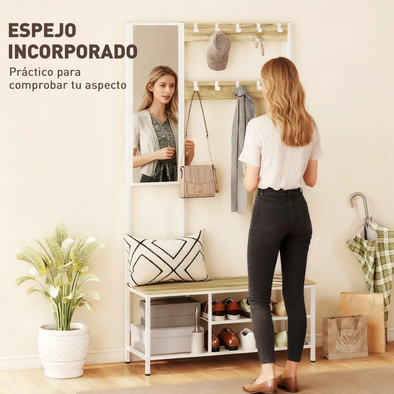 HOMCOM Perchero Zapatero con Espejo 3 Estantes Banco 10 Ganchos Ajustables Estilo Moderno para Pasillo 98x34x186 cm Natural