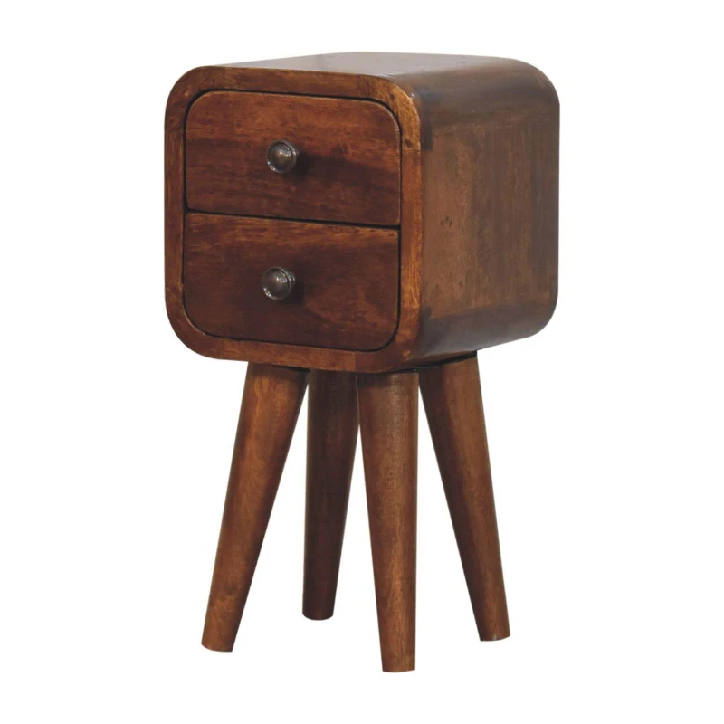 Solid Mango Wood Mini Curved Bedside Cabinet with 2 Smooth-gliding Drawers, Table with Slim Nordic Legs, 20L x 20W x 40H cm, Brown