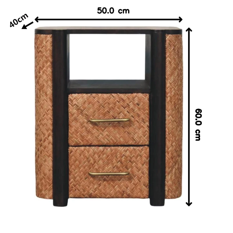 Solid Mango Wood Curved-Edge Rattan Bedside Table with 2 Drawers, Bedside Cabinet with Open Shelf, 40L x 50W x 60H cm, Brown