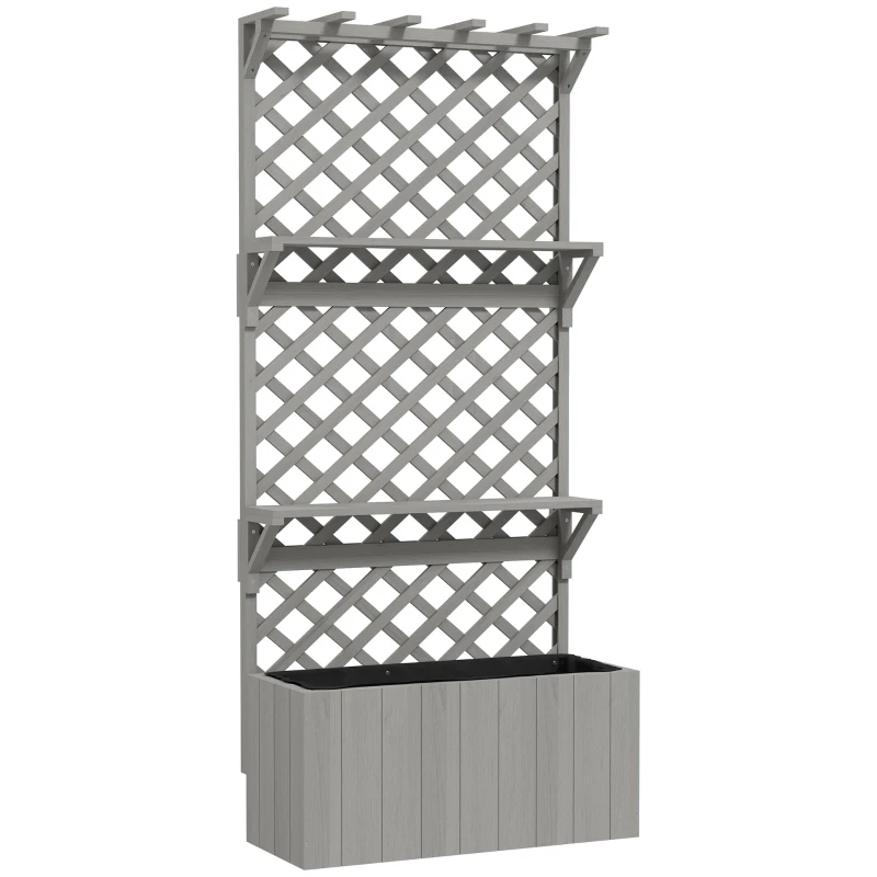 Outsunny 52L Wooden Planter, with Trellis and Shelves - Grey