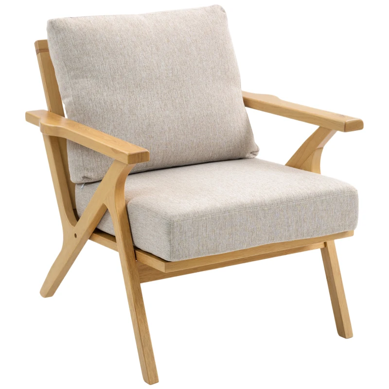 HOMCOM Fauteuil salon, fauteuil scandinave en tissu effet lin, coussins rembourrée et pieds en bois d'hévéa, 76x87x88cm, beige