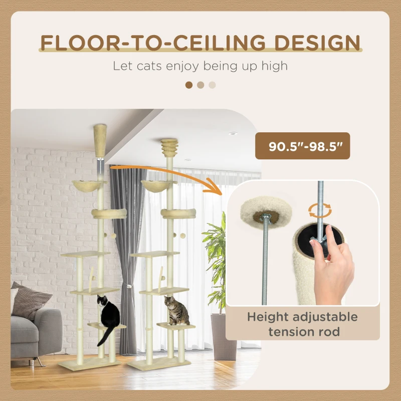 PawHut 230-250cm Floor-to-Ceiling Climbing Cat Tree Tower - Beige