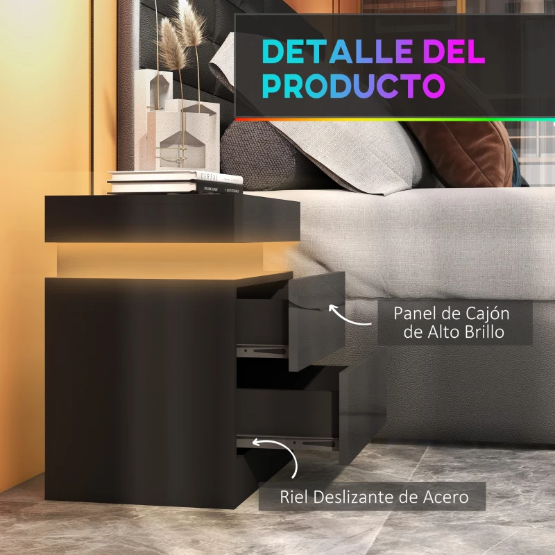 HOMCOM Mesilla de Noche con Luces LED 2 Cajones y Control de APP Mesa de Noche para Dormitorio Salón 45x35x52 cm Negro