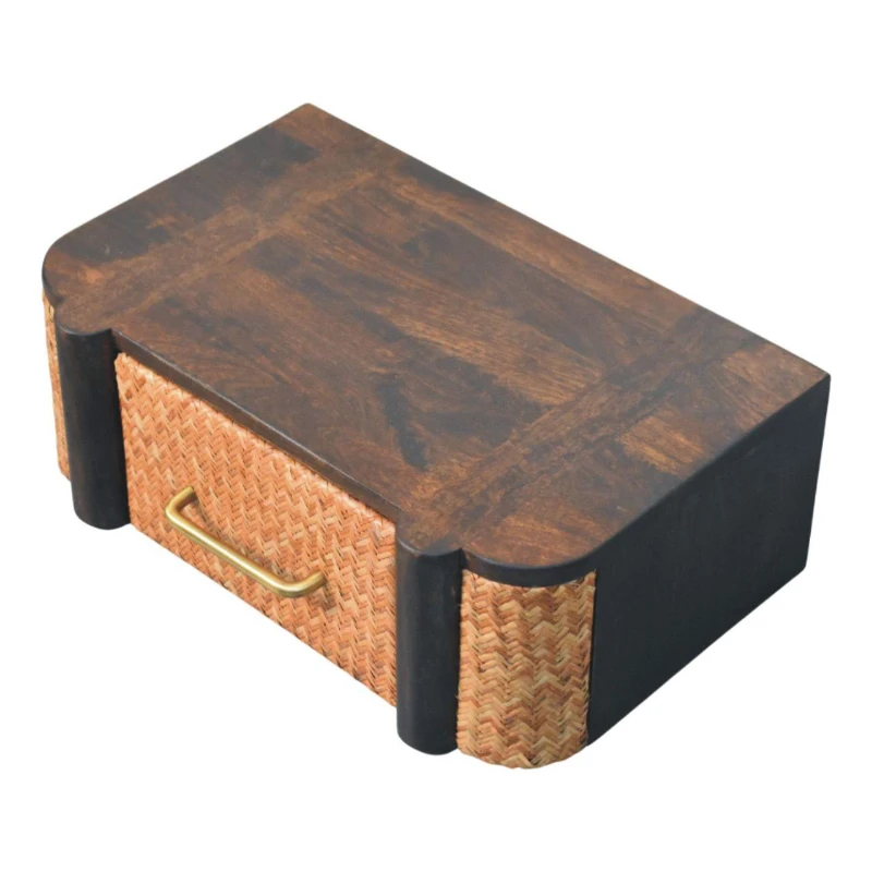 Handcrafted Solid Wood Wall-Mounted Bedside Drawer with Spacious Drawer, Bedside Table with Bronze Metal Accent, 32L x 50W x 18H cm, Brown