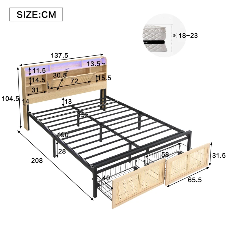 4ft6 Wooden Double Bed with LED Strip Light and Headboard Storage, Storage Bed with Charging Port, 208L x 137.5W x 104.5H cm, Natural+Black
