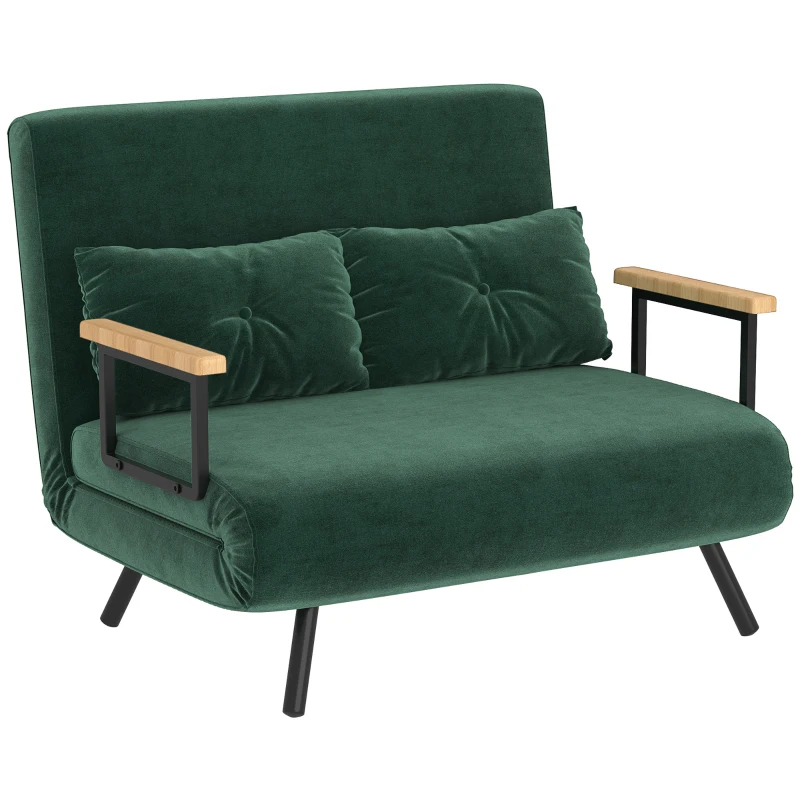 HOMCOM Slaapbank 2-zits Fluwelen sofa, slaapfunctie, incl. 2 kussens, fluweel-look, Naturel + Groen