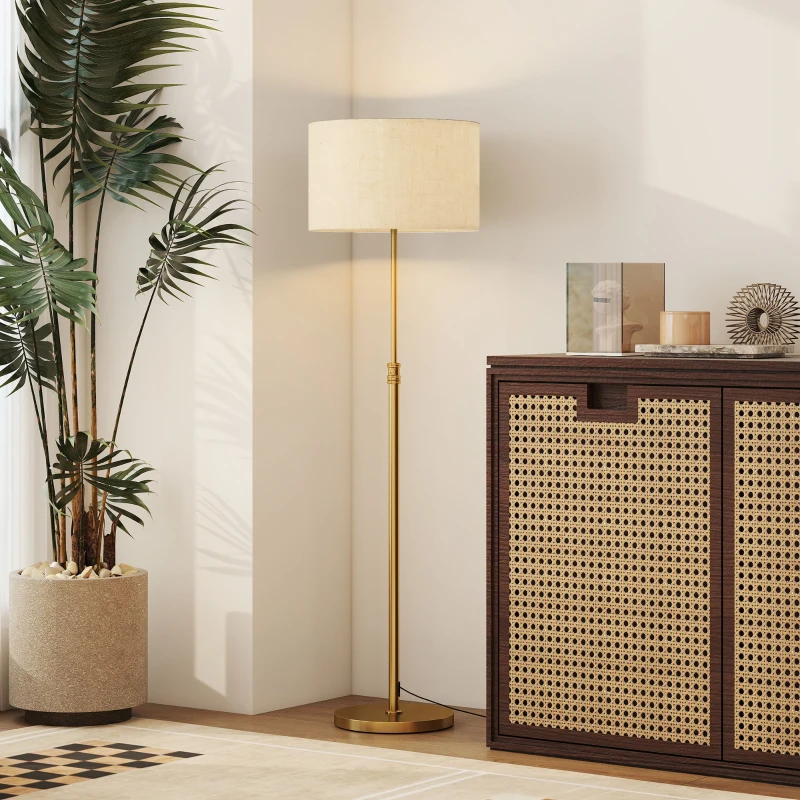 HOMCOM Candeeiro de Pé para Sala Candeeiro Dimmável com Comando à Distância Cúpula em Linho Altura Ajustável 133-168cm Dourado