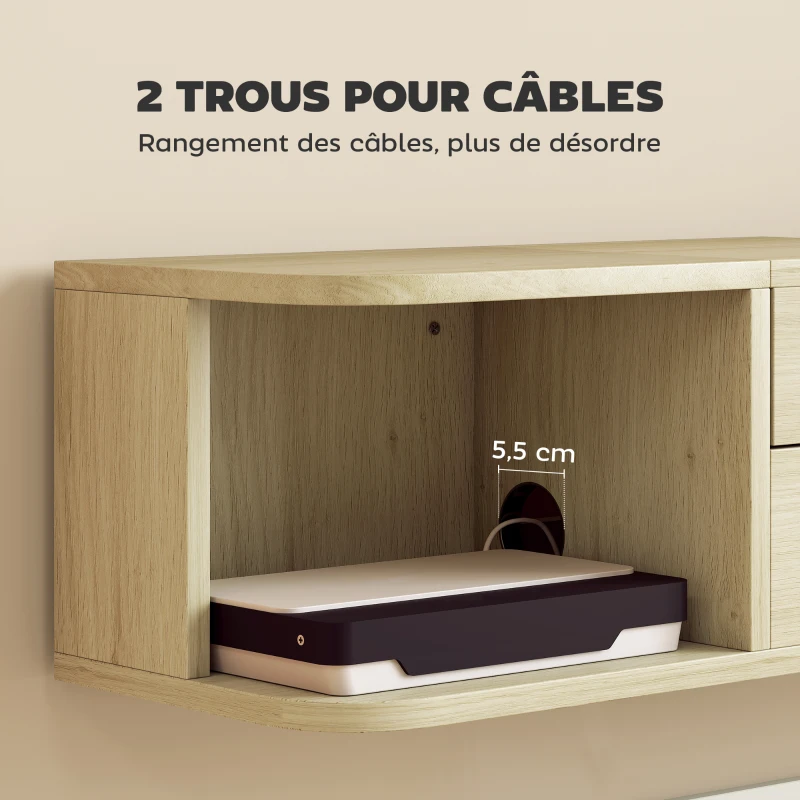 HOMCOM Meuble TV suspendu meuble télé pour téléviseur 50 pouces tiroir étagères passe-câbles 120x24x22,4cm effet bois naturel