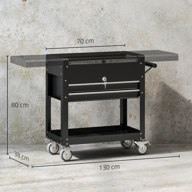 HOMCOM Carrinho de Ferramentas com Rodas Carrinho de Oficina Móvel com Tampa Deslizante 2 Gavetas com Fecho Bandeja 77,5–130x38x80 cm Preto