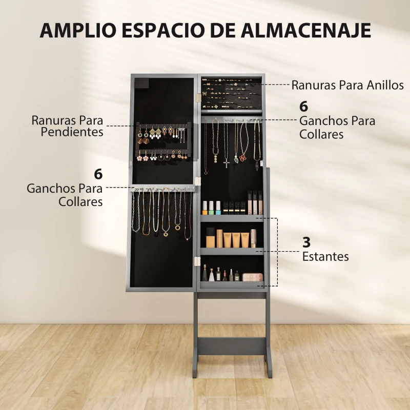 HOMCOM Espejo Joyero con Luces LED Armario para Joyas Armario Joyero de Pie con Espejo Entero Ángulo Ajustable Gris