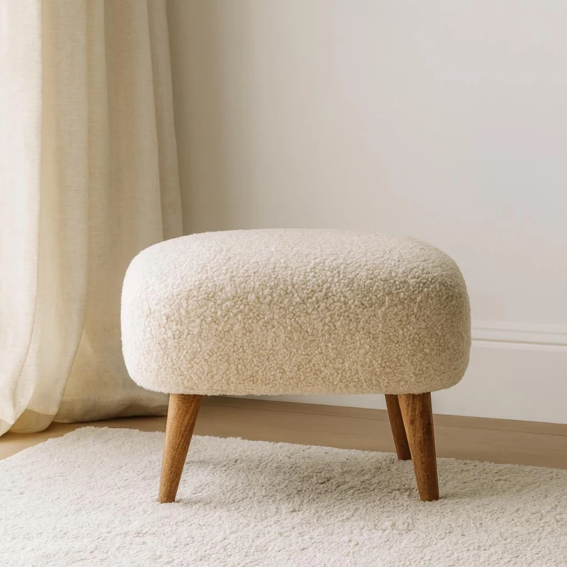 Solid Mango Wood Bouclé Square Footstool with Space-Saving Profile, Upholstered Footstool with Nordic Slim Legs, 40L x 40W x 35H cm, Brown