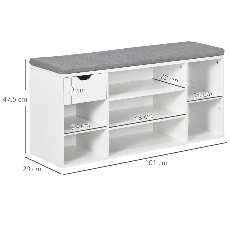 HOMCOM Banco para Sapatos com Almofada de Assento Compartimentos Abertos e Gaveta 101x29x47,5 cm Branco e Cinza
