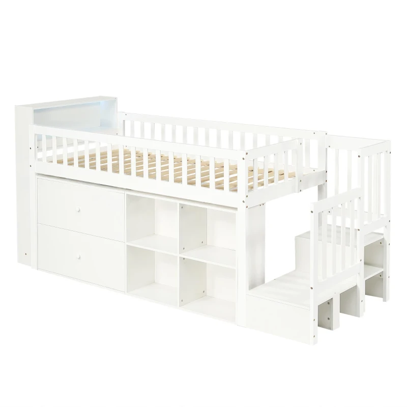 3ft Single Wooden Storage Bed with Headboard Storage and Colourful LED Strips, Single Bed with 2 Drawers, 262L x 95W x 120H cm, White