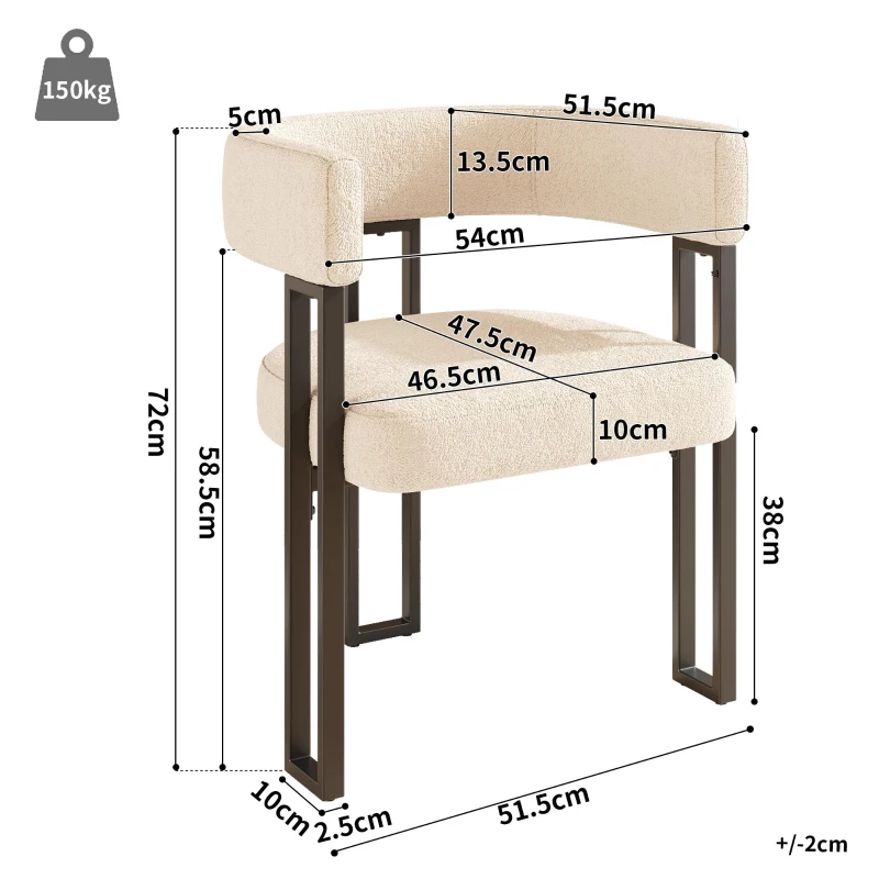 2-Piece Flannel Fabric Dining Chairs with Curved Backrest and Thick Plush Seat, Kitchen Chairs with Metal Legs, 51.5L x 54W x 72H cm, Beige