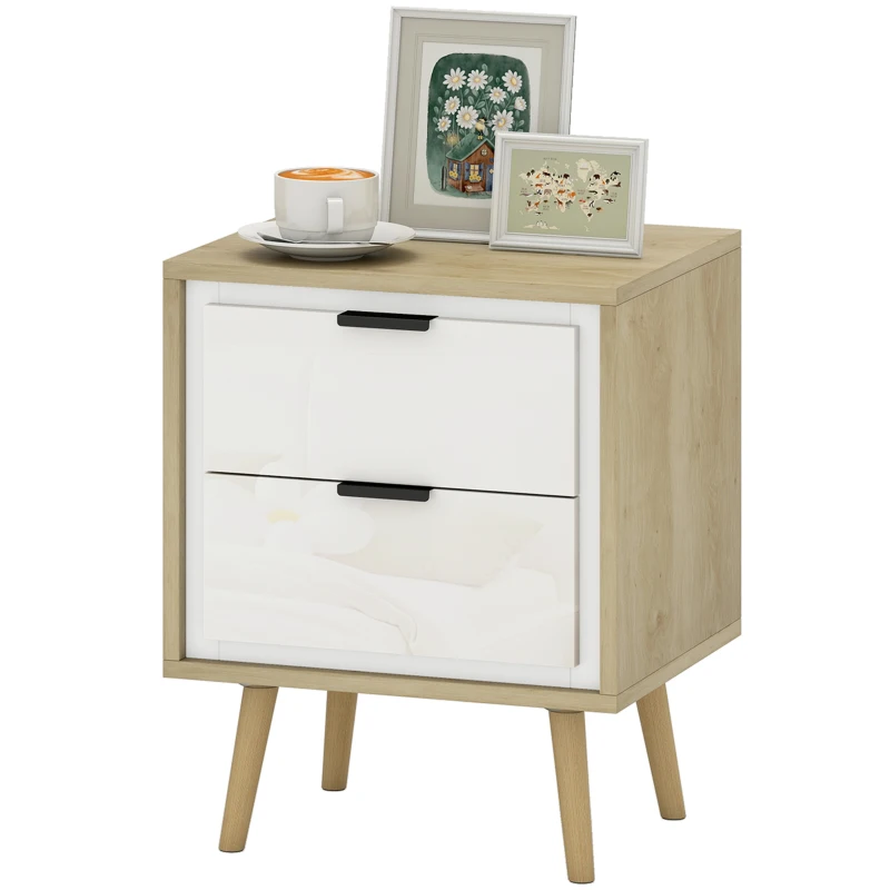 HOMCOM Mesa de Cabeceira Estreita Mesa de Apoio 2 Gavetas Silenciosas e Pés em Madeira Maciça 40x35x50 cm Branco Brilhante