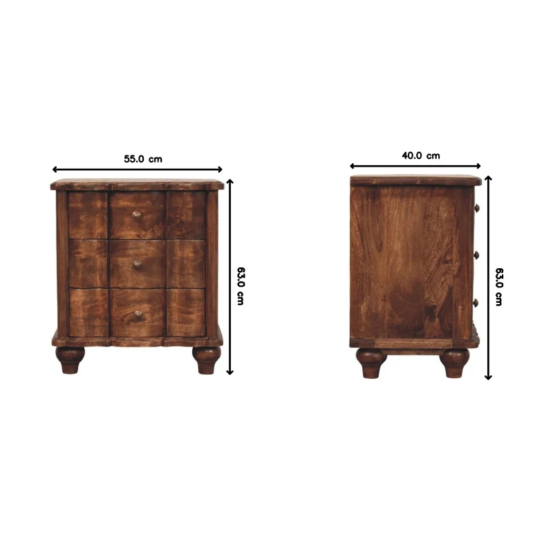 Solid Mango Wood Valencia Bedside Table with Hand-finished Surfaces, Bedside Cabinet with 3 Drawers for Storage, 40L x 55W x 63H cm, Brown