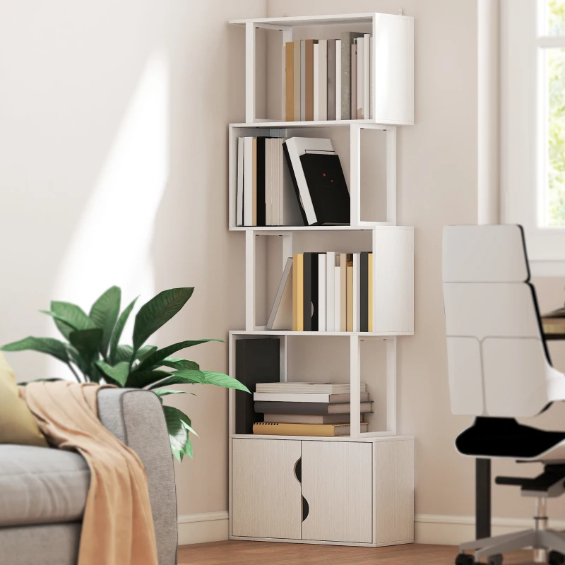 HOMCOM Bibliothèque à 5 niveaux, meuble de rangement avec étagères et placard double porte, 60 x 23,8 x 179,2 cm, blanc