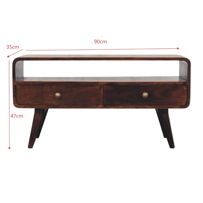 Solid Mango Wood Curved Media Unit with 2 Drawers and Open Shelf, Eco-Conscious TV Unit with Lemon Scent, 35L x 90W x 47H cm, Brown