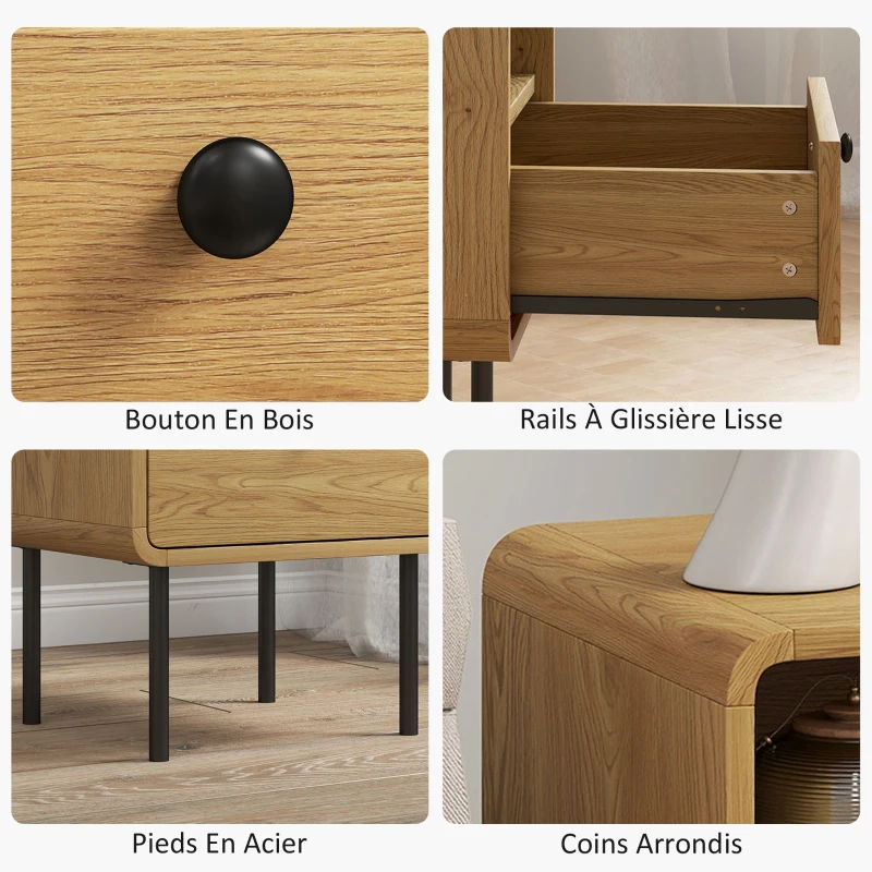 HOMCOM Table de chevet étroite table d'appoint compartiment ouvert et 1 tiroir pieds en acier 40 x 36 x 50 cm, effet bois chêne