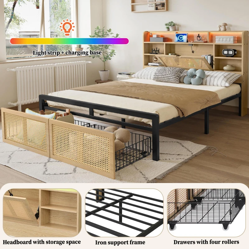 4ft6 Wooden Double Bed with LED Strip Light and Headboard Storage, Storage Bed with Charging Port, 208L x 137.5W x 104.5H cm, Natural+Black