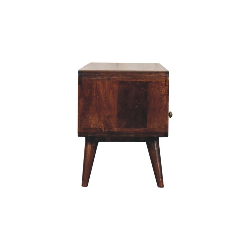 Solid Mango Wood Curved Media Unit with 2 Drawers and Open Shelf, Eco-Conscious TV Unit with Lemon Scent, 35L x 90W x 47H cm, Brown