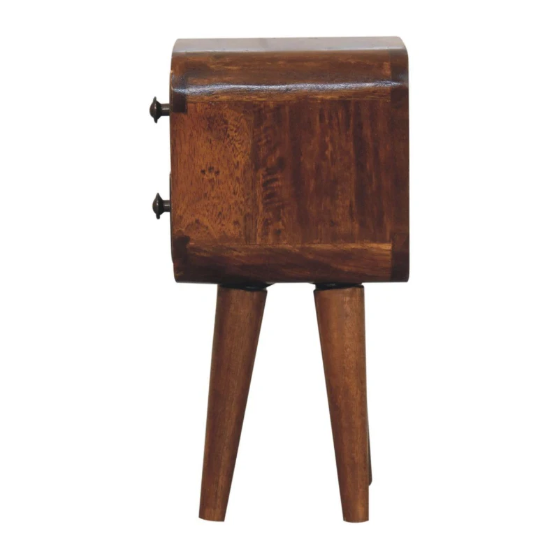 Solid Mango Wood Mini Curved Bedside Cabinet with 2 Smooth-gliding Drawers, Table with Slim Nordic Legs, 20L x 20W x 40H cm, Brown