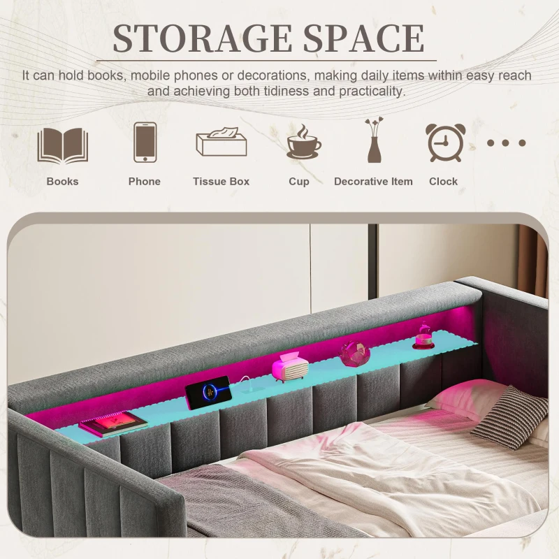 Space-Saving Pull-Out Double Bed with USB Type-C Charging and LED Lighting, Sleeper Sofa with Sturdy Wood, 201L x 100W x 73H cm, Dark Gray