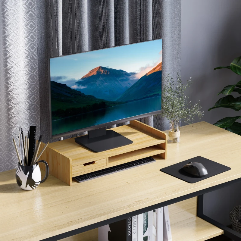 HOMCOM Monitor Riser Laptop PC Plinth Stand TV Computer Desktop Organiser W/ Drawer Bamboo