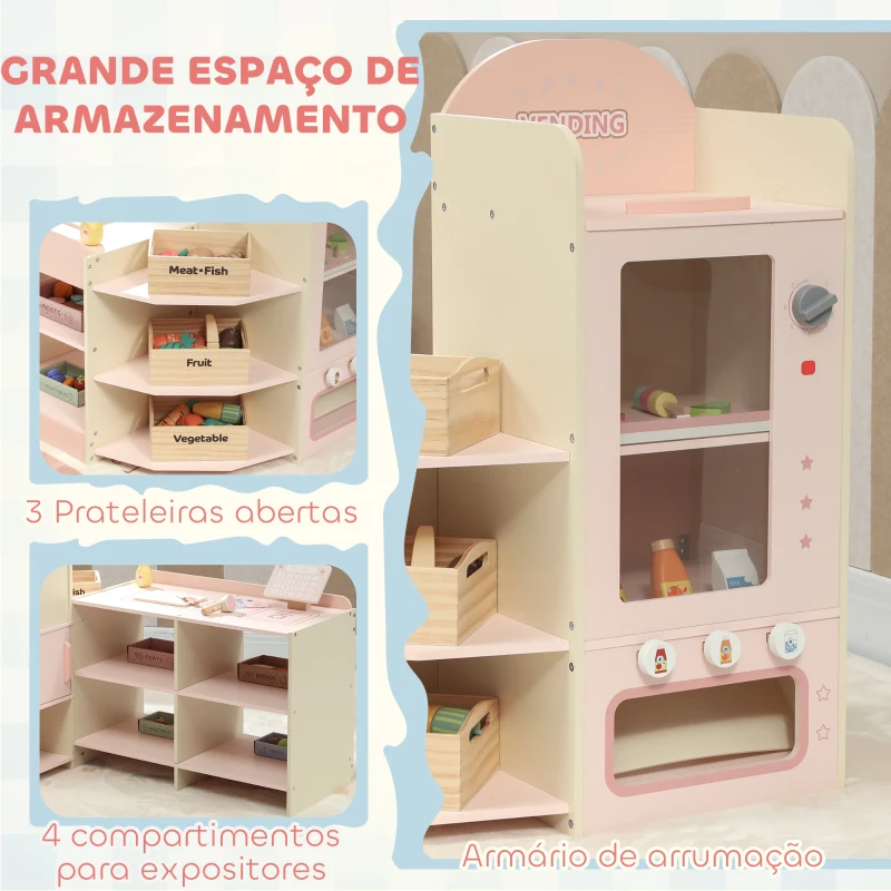 AIYAPLAY Supermercado de Brinquedo em Madeira Loja com Caixa Registadora Máquina de Venda Automática 3 Prateleiras Abertas 4 Compartimentos 90,7x60x73,8 cm Rosa