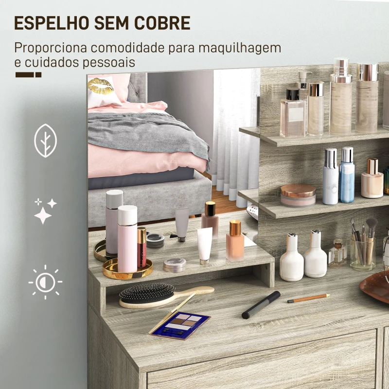 HOMCOM Toucador de Maquilhagem com Banco Mesa de Maquilhagem com Espelho Prateleiras e Gaveta 80x40x132 cm Madeira e Bege