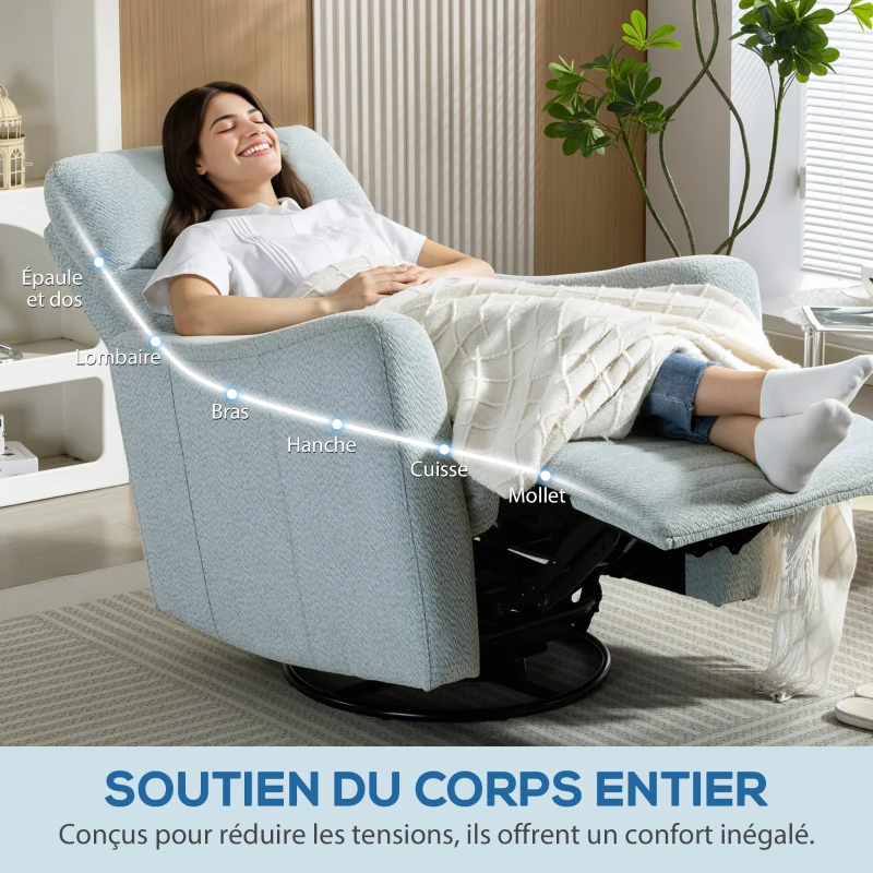 HOMCOM Poltrona Reclinável Poltrona de Relax com Apoio para Os Pés Giratória 360° com Balanço 82x90,5x101 cm Cinza-Azulado