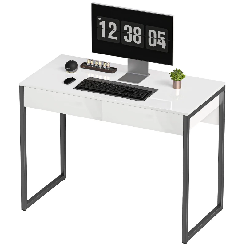 HOMCOM High Gloss Work Table, with Drawers - White