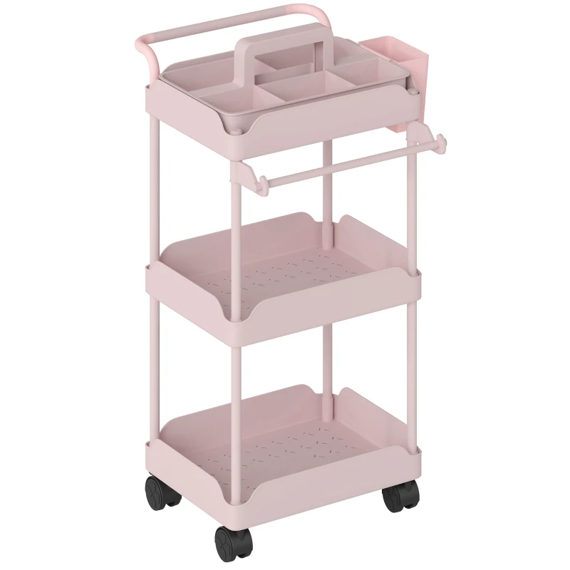 HOMCOM Carrinho Auxiliar com Rodas de 3 Níveis com Cestos Extraíveis Suporte para Toalhas e Estrutura de Metal 42x42,5x76 cm Rosa