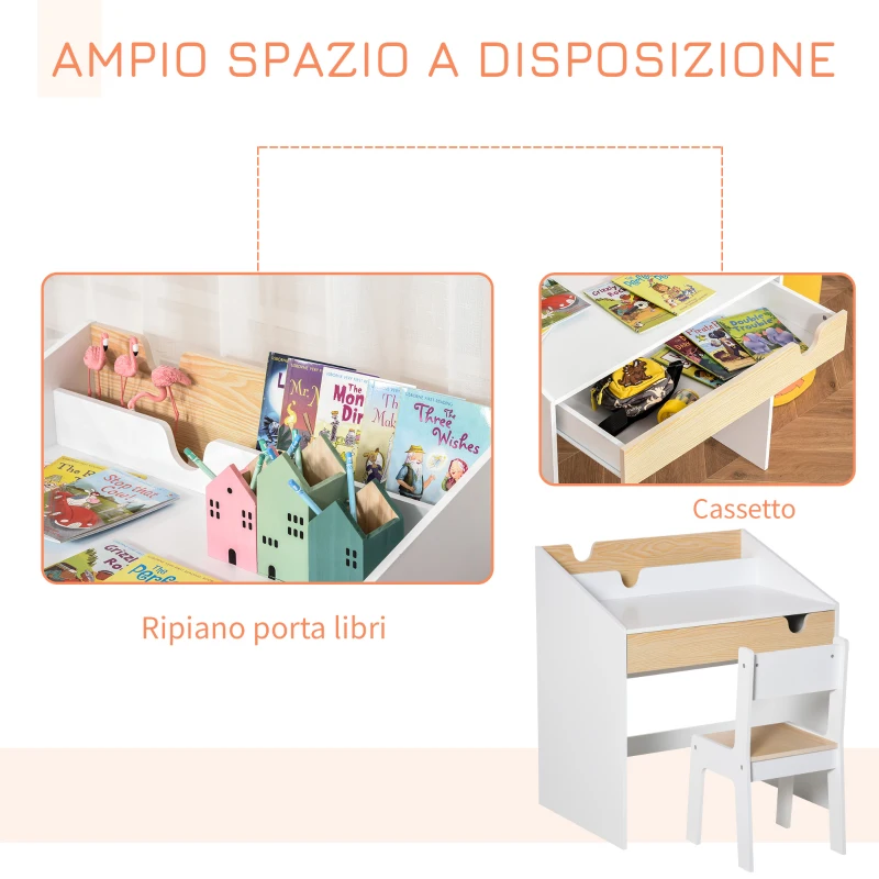 HOMCOM Set Scrivania e Sedia per Bambini con Cassetto e Scaffale, Bordi Arrotondati, Età 6-10 Anni, Bianco e Legno