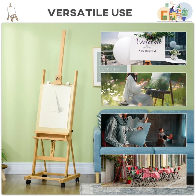 Vinsetto Caballete de Pintura Plegable de Madera 238 cm con Ruedas Altura Ajustable Bandeja Natural