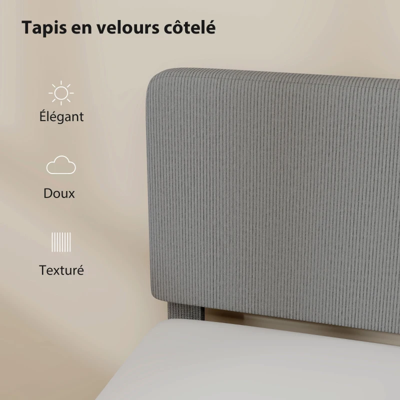 HOMCOM Cadre de lit 160 x 200 cm, sommier à lattes en bois, tête de lit réglable, lit double rembourré en velours côtelé, gris