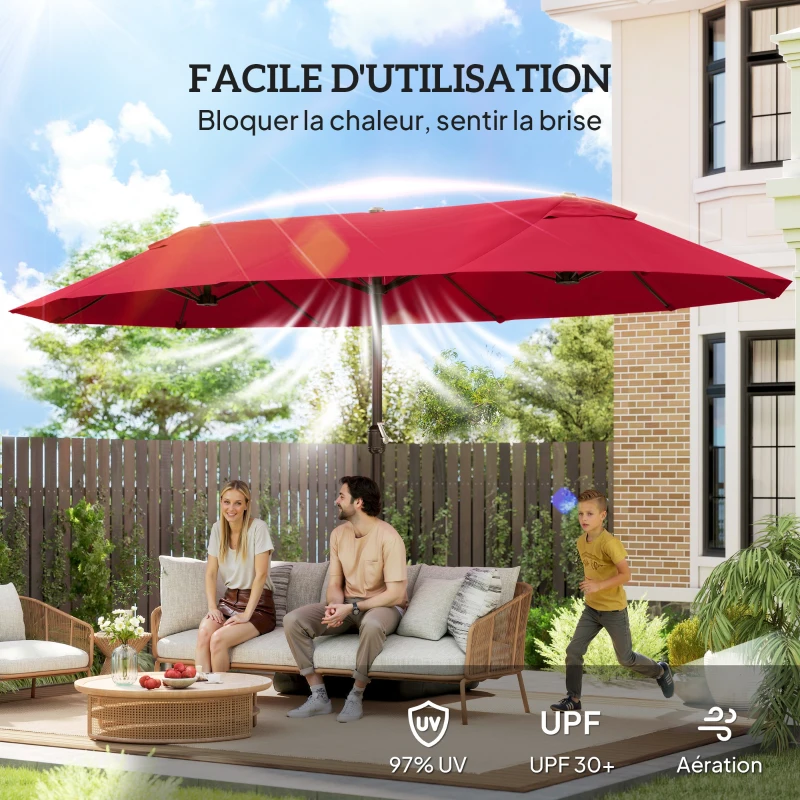 Outsunny Parasol de jardin exterieur parasol double rectangulaire 4,6L x 2,7l x 2,4H m avec ouverture fermeture manivelle, sacs de lestage et base inclus, pour balcon, piscine, bordeaux