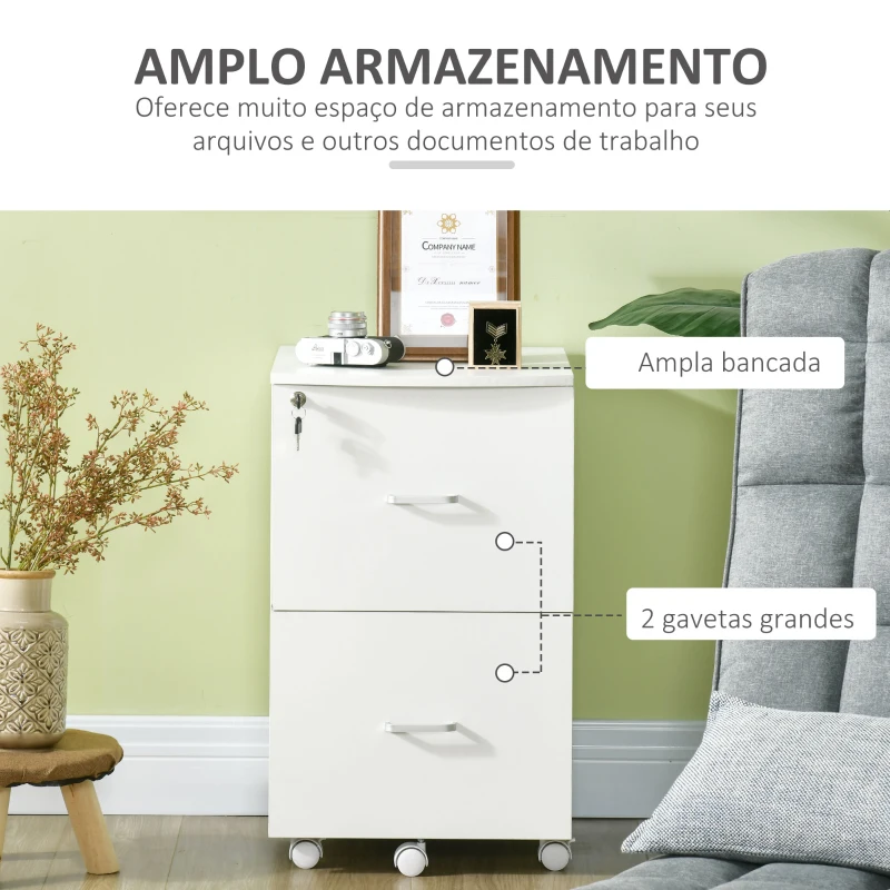 Vinsetto Bloco de Gavetas de Escritório Móvel Auxiliar para Arquivos com 2 Gavetas Fechadura 2 Chaves 5 Rodas e 2 Freios para Estúdio Escritório Dormitório 43x45x72cm Branco