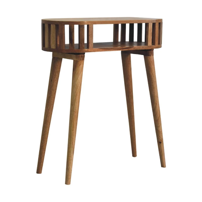 Solid Wood Ariella Console Table with Hand-finished, Open Shelf, Desk with Scandi-inspired Nordic Legs, Circular Design, 30L x 70W x 80H cm, Brown