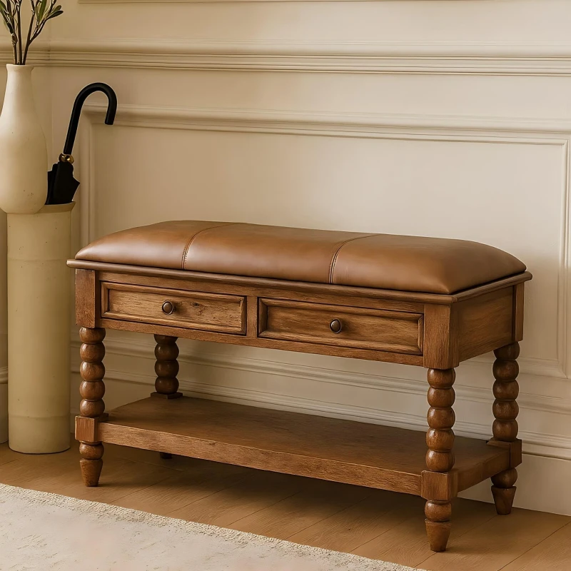 Solid Mango Wood Upholstered Spindle Bench with 2 Smooth‑gliding Drawers, Seat with Open Slot for Storage, 35L x 90W x 55H cm, Brown